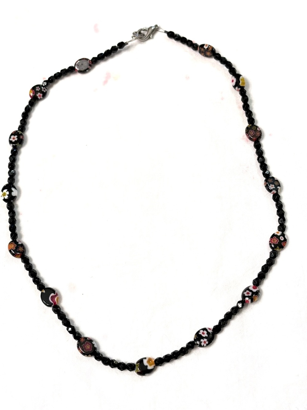 vintage Murano Venetian millefiori black/red floral glass bead necklace - 17”